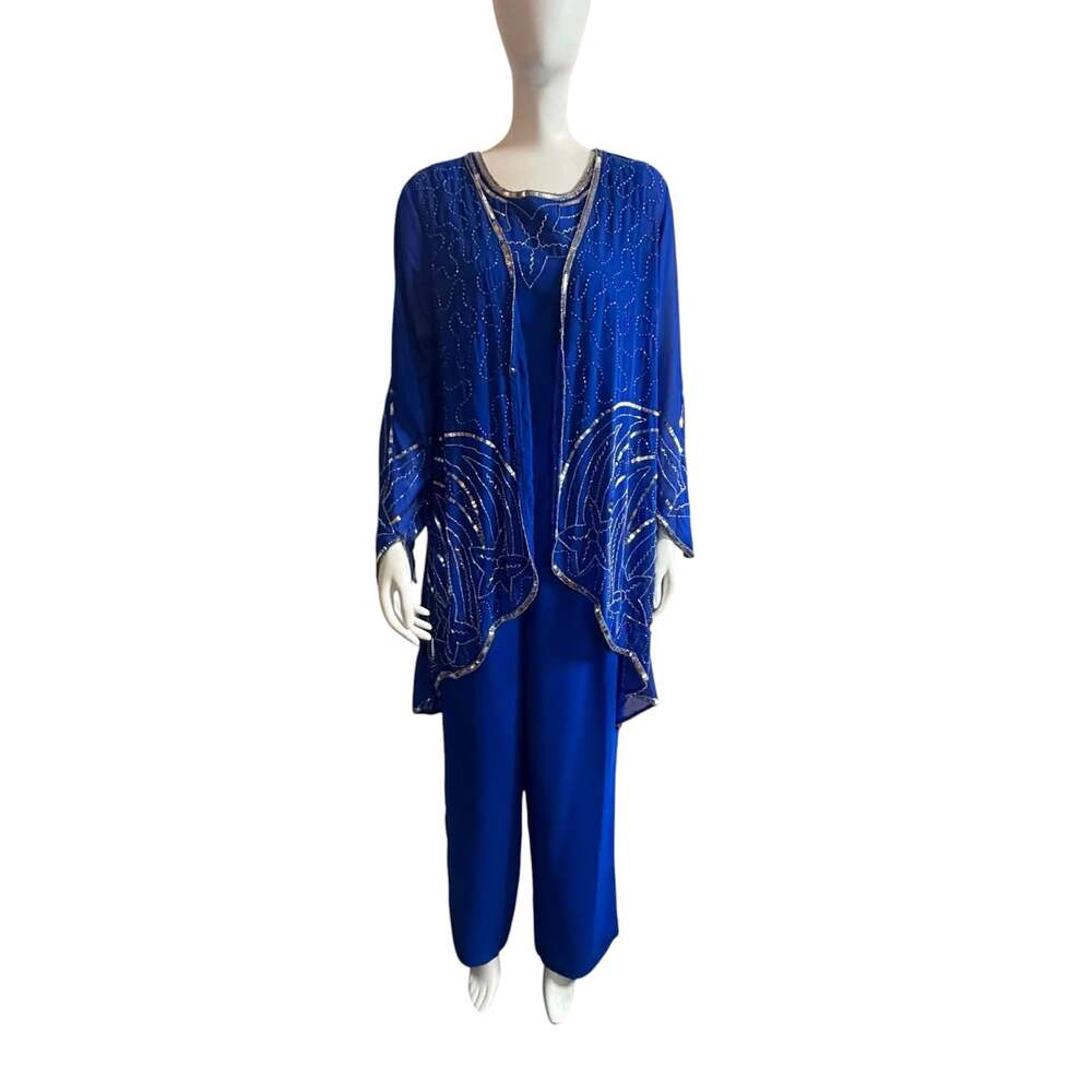 Ashro Royal Blue Two-Piece Beaded Pant Suit with High-Low Duster Jacket